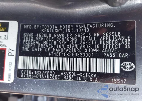 2014 Toyota Camry Se из США, поврежденный, VIN 4T1BF1FK5EU323901